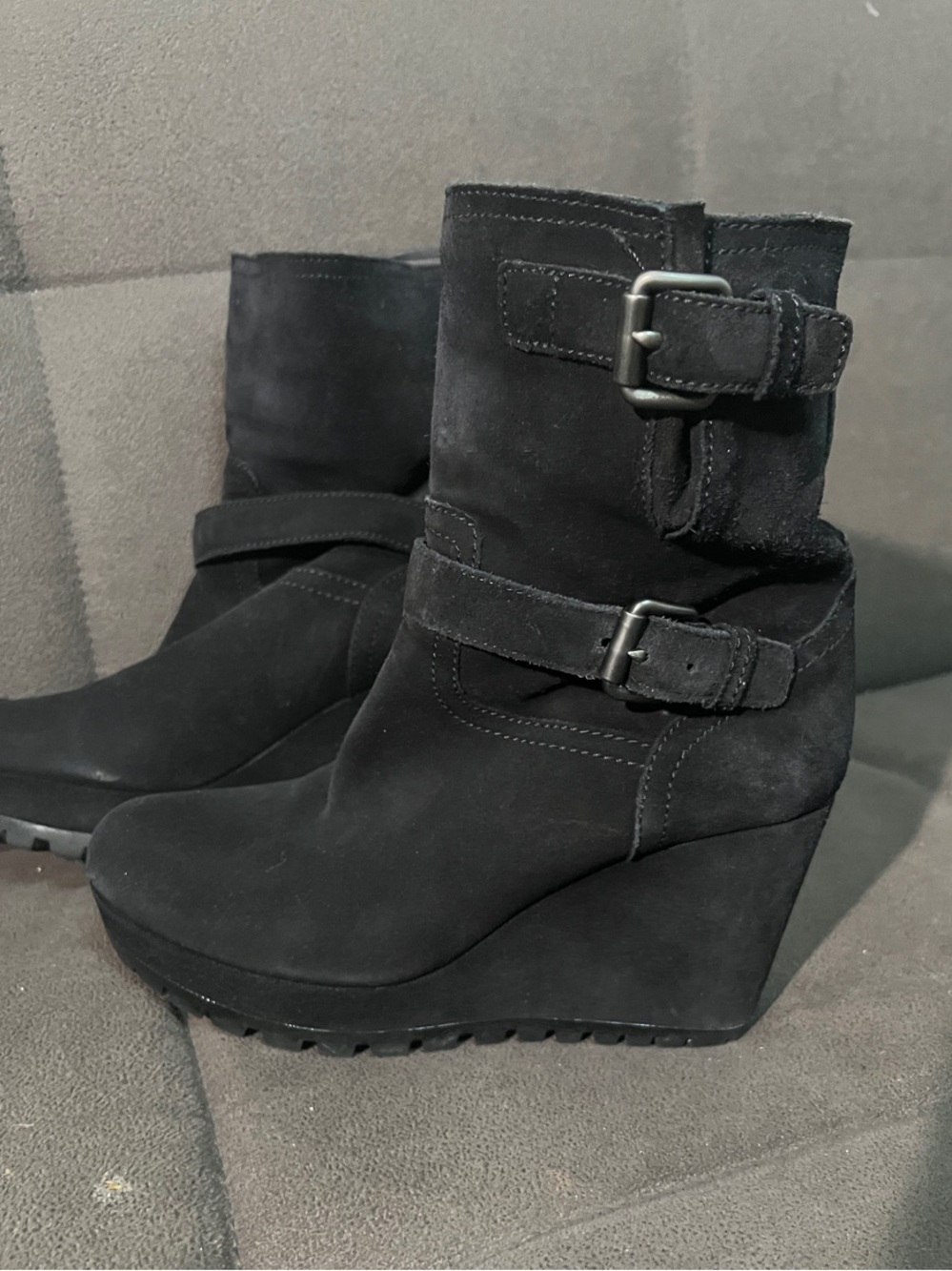 PRADA Black Suede Wedge Ankle Boots with Buckle Strap